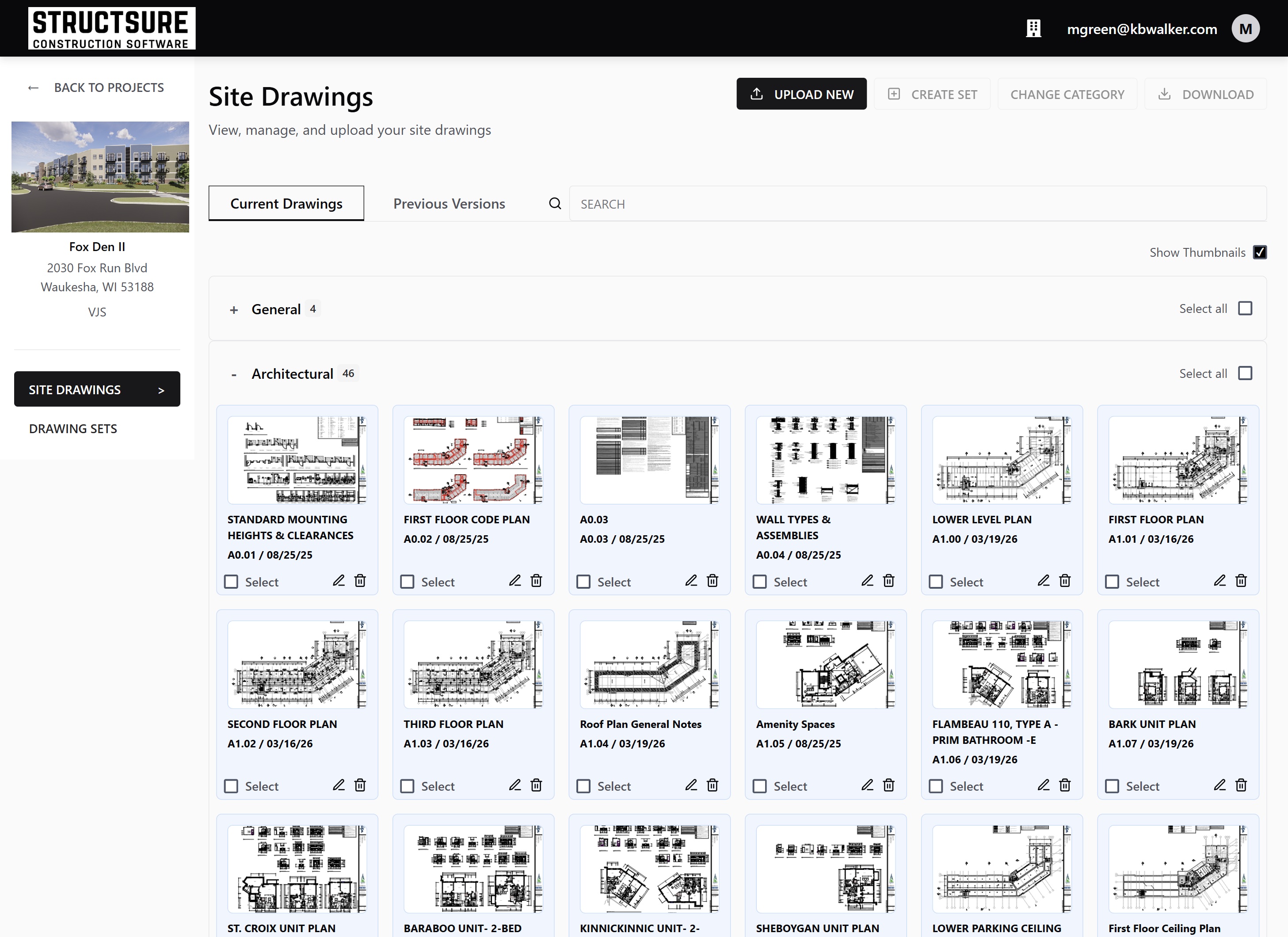StructSure Site Drawings screen showing current architectural plan sheets for the Fox Den II project